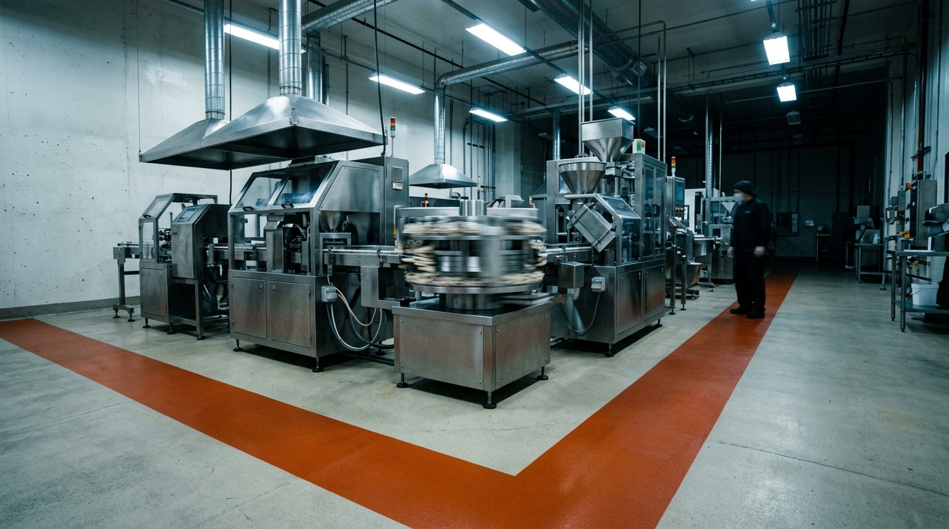 Stainless steel automated capsule encapsulation line on bone concrete inside a GMP cleanroom with a single rust-orange safety stripe along the floor.