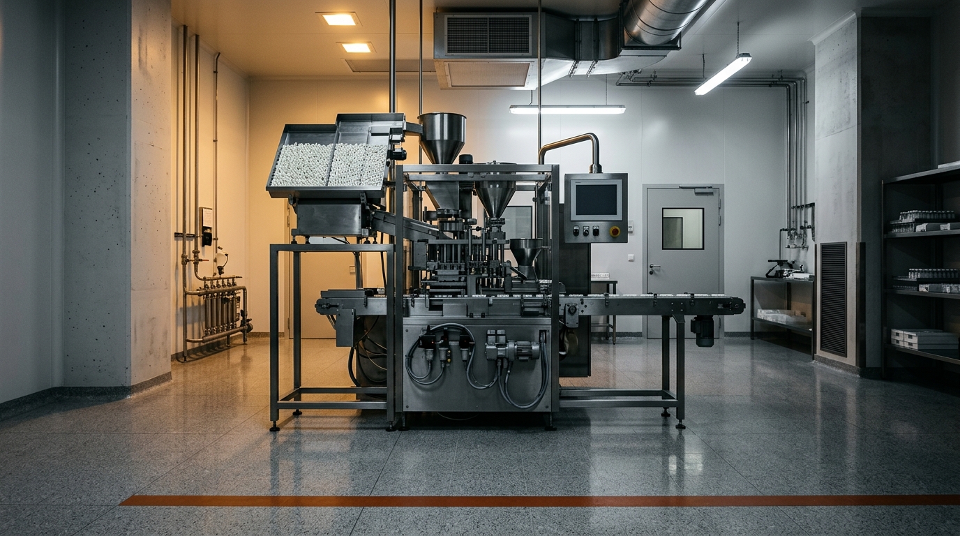 Stainless steel automated capsule filling machine in a GMP cleanroom with rust-orange safety stripe.