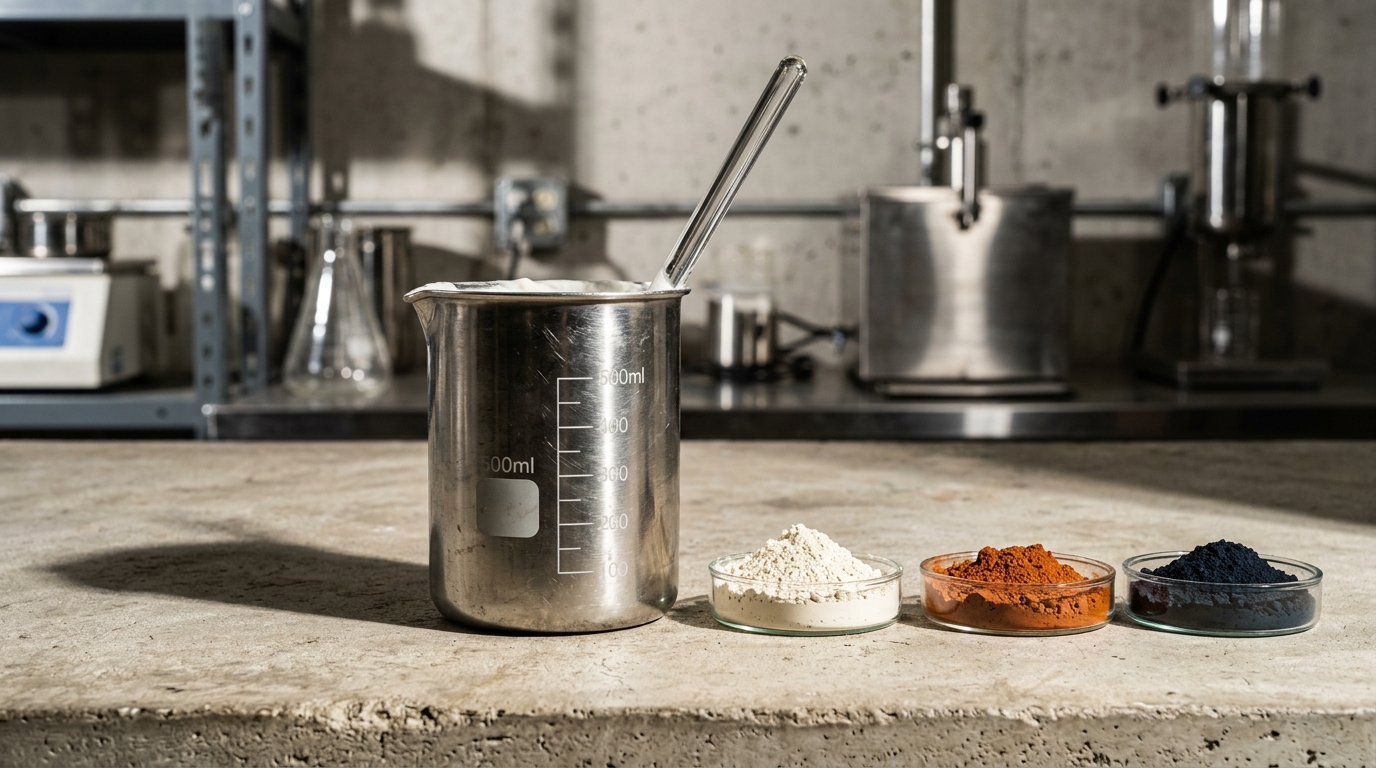 Stainless steel cosmetics mixing beaker with cream emulsion and three pigment dishes on bone concrete.