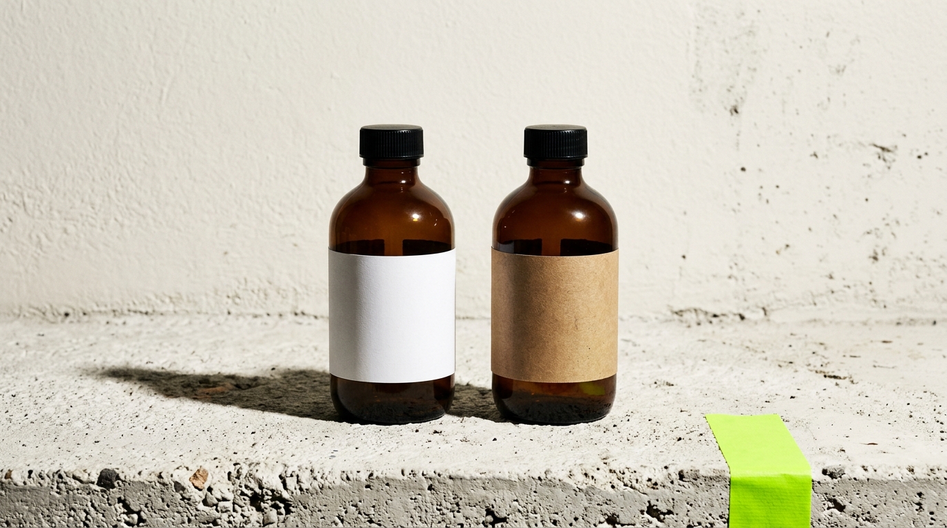 Two unbranded amber apothecary bottles on bone concrete — one with a blank white label, one with a kraft label.