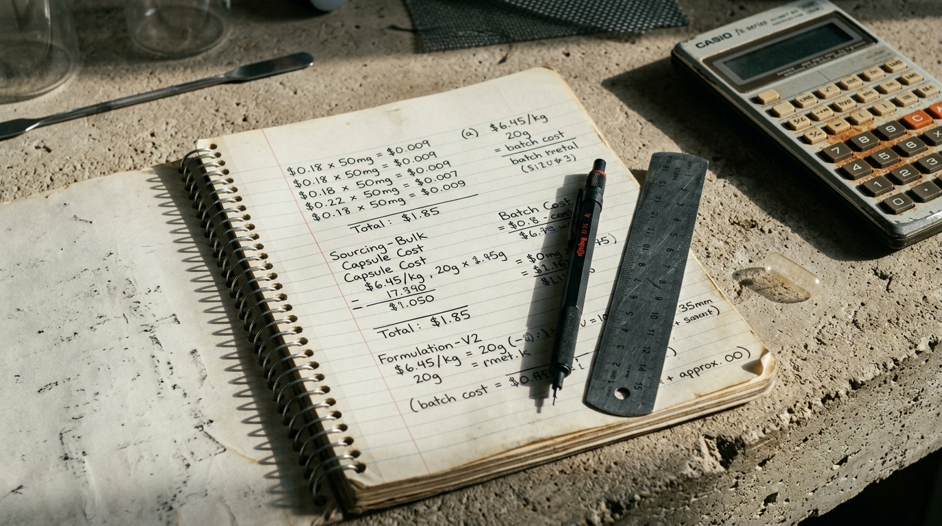 Open spiral notebook with handwritten supplement cost calculations on bone concrete countertop.