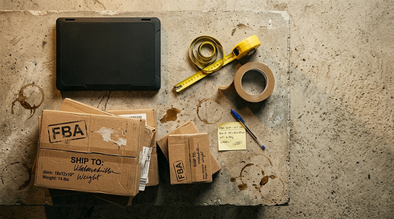 Top-down concrete bench with closed matte black laptop, stack of cardboard FBA-stamped shipping boxes, yellow measuring tape, kraft tape roll, sticky-note with handwritten box dimensions and weight.