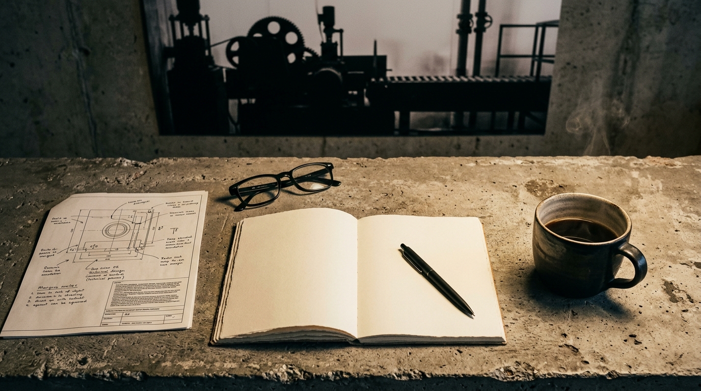 Open blank cream-page notebook with black pen, a steaming mug of black coffee, folded printout with margin notes, reading glasses on a weathered concrete desk; a moody black-on-bone silhouette of a manufacturing line — gears, conveyor, pipes — hangs framed on the wall behind.