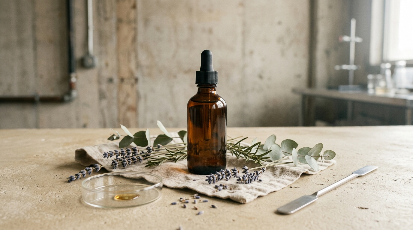 Tall amber glass serum bottle with black dropper on rumpled raw linen, surrounded by dried lavender, rosemary, eucalyptus sprigs, a glass petri dish with a viscous serum drop, brushed steel spatula on bone-cream concrete bench.