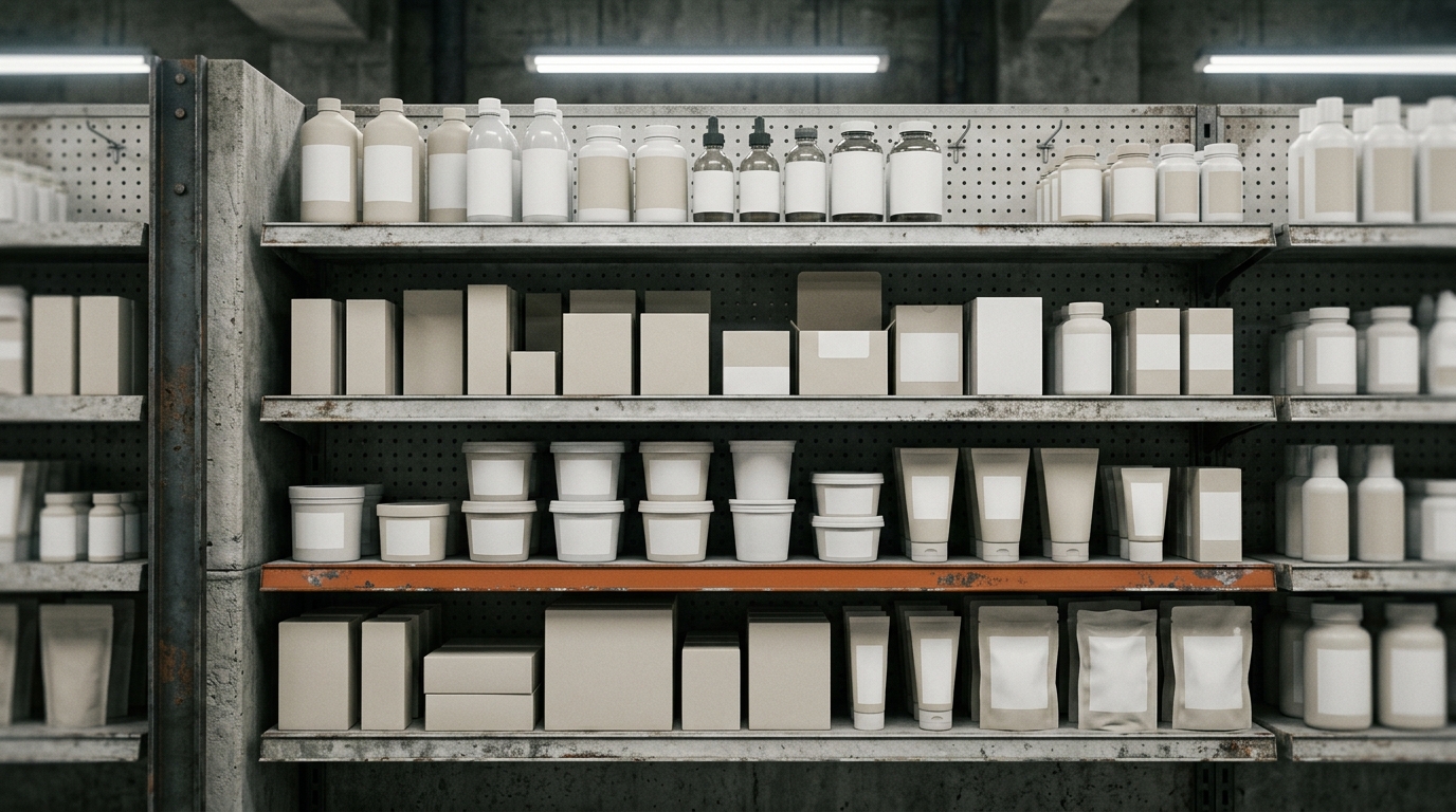 Eye-level view of a retail store shelf with four facings of unbranded white and bone-colored bottles, boxes, tubs, and pouches under cool retail lighting, one rust-orange shelf-edge label strip running across.