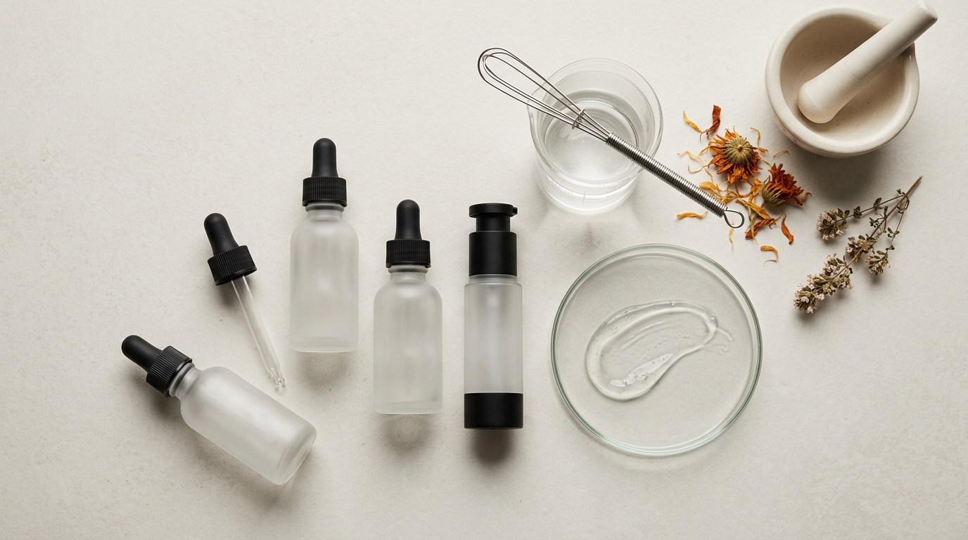 Atmospheric flatlay of cosmetic formulation tools — frosted glass dropper bottles, an airless pump bottle, a serum smear on glass, a glass beaker, mortar and pestle, dried botanical sprig.