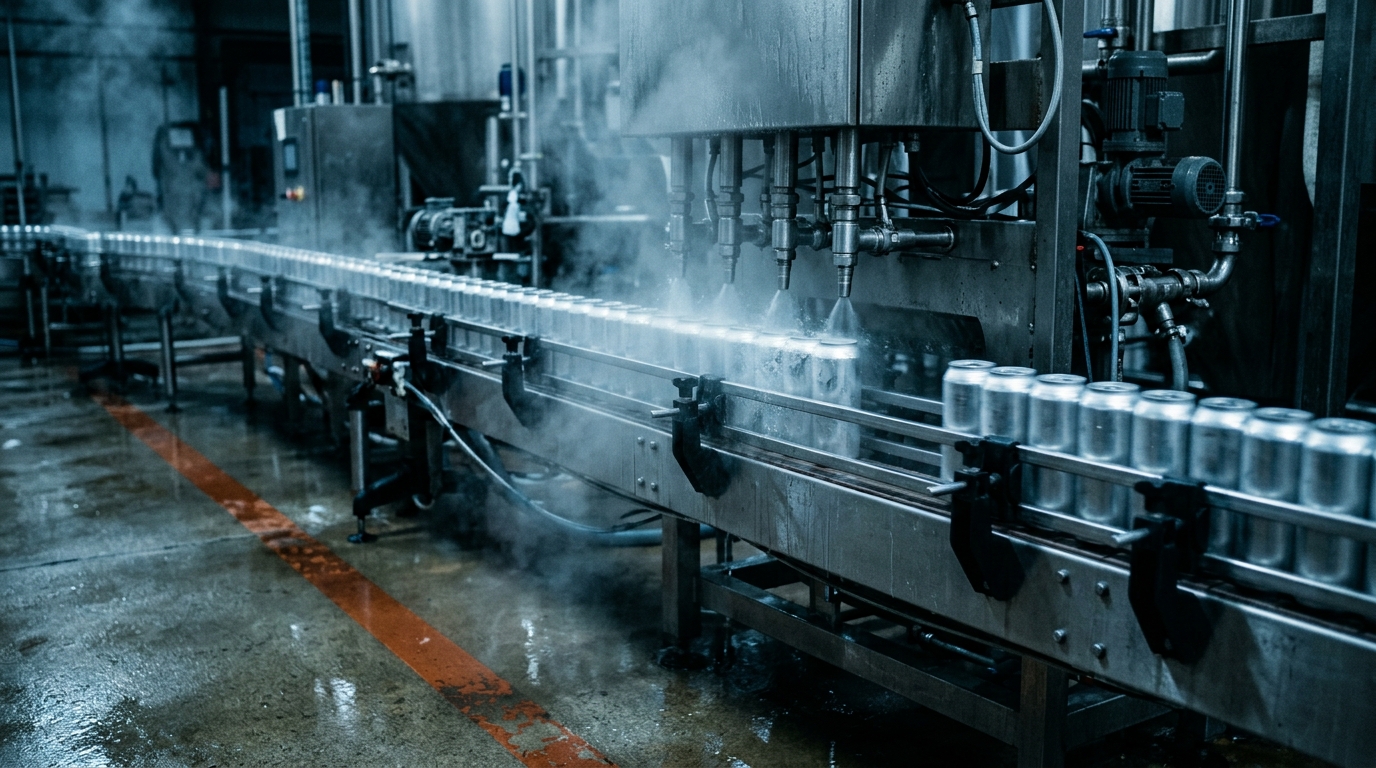 Atmospheric mood image of a beverage co-packing line — close-up of unlabeled aluminum cans being filled with motion blur, steam from pasteurization spray, stainless equipment.