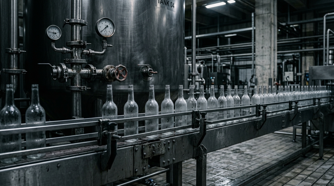 Atmospheric stainless beverage bottling line and blending tank under industrial light.