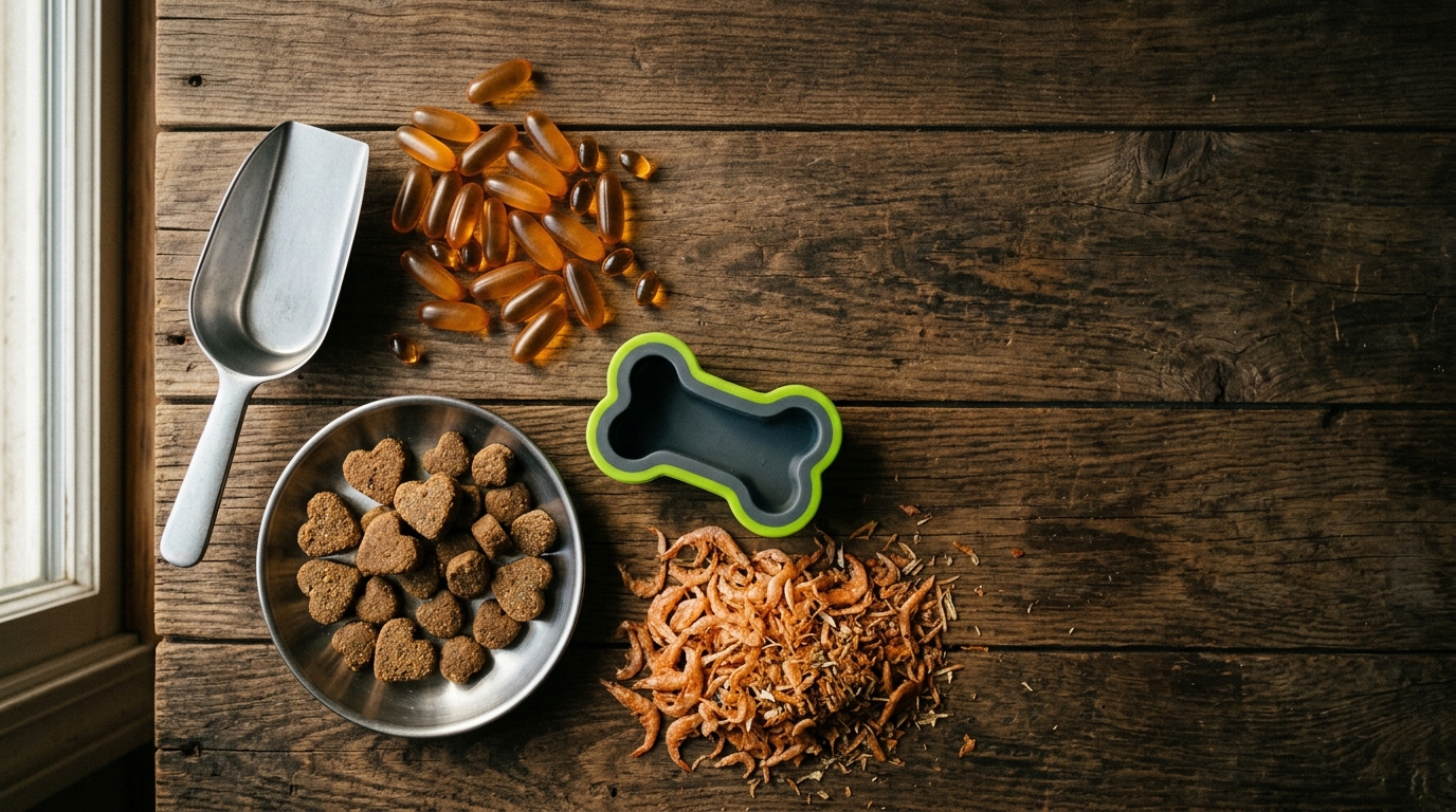Atmospheric flatlay of pet supplement raw ingredients on weathered wood — fish-oil softgel pile, kibble-shaped soft chews, dried krill, bone-shaped silicone mold, stainless scoop.