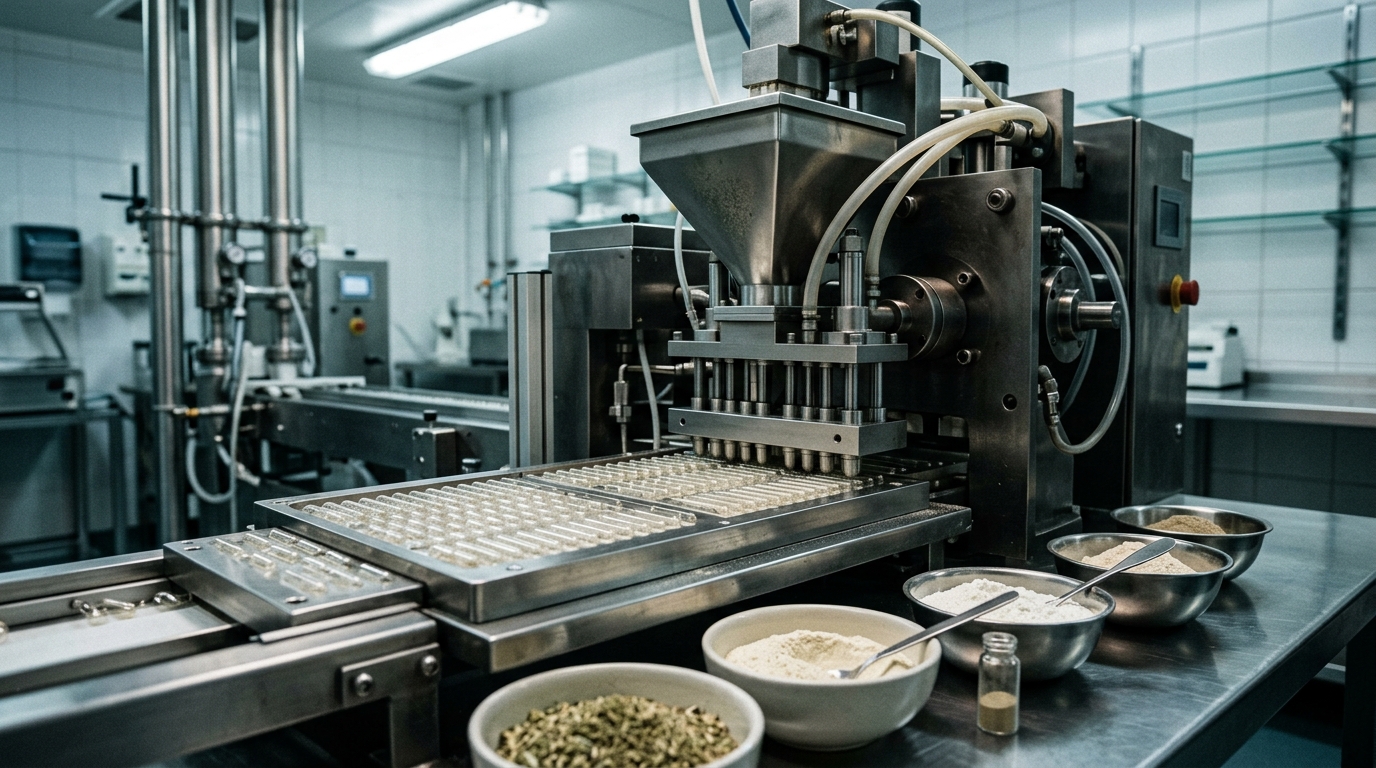 Atmospheric lab capsule-fill machinery and raw ingredient containers under cool light.