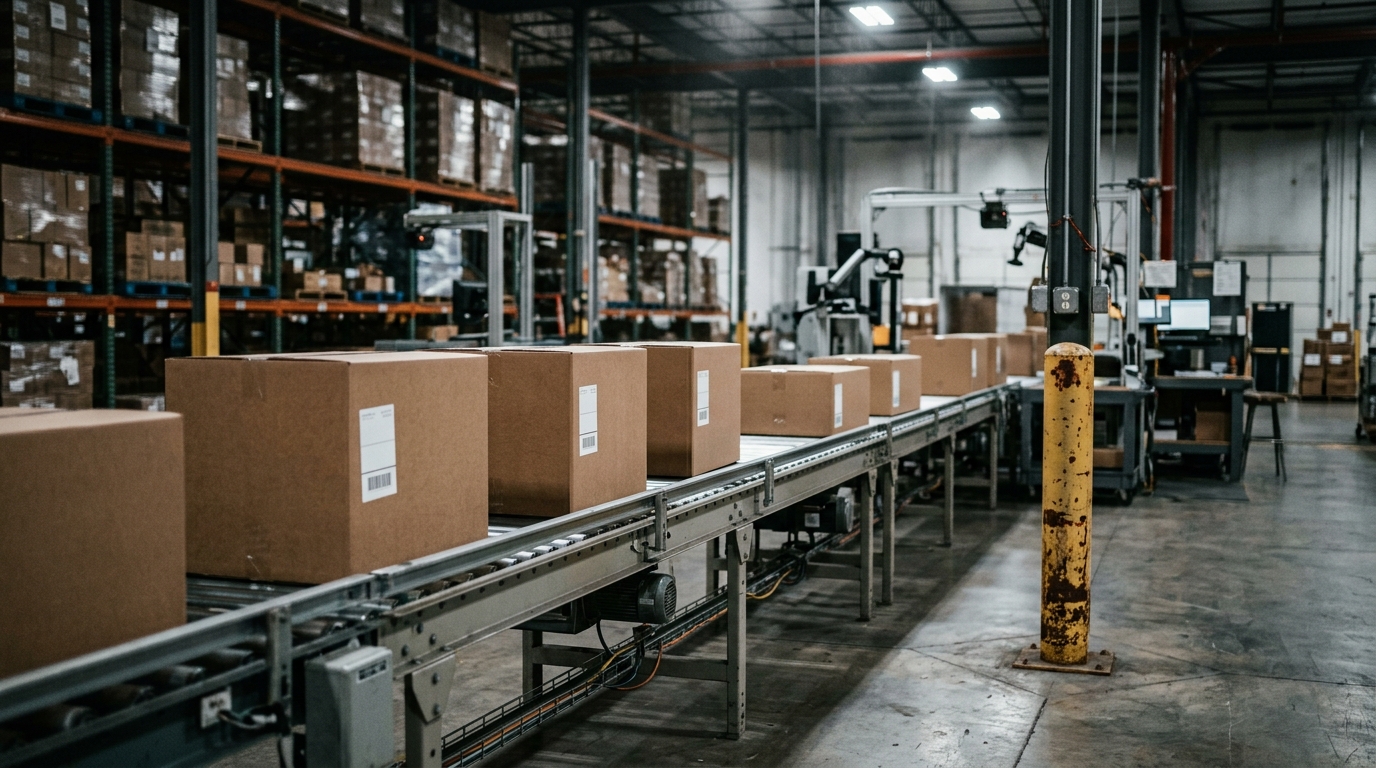 Atmospheric mood image of a fulfillment warehouse conveyor with plain corrugated cartons moving to a packing station under cool LED lighting.