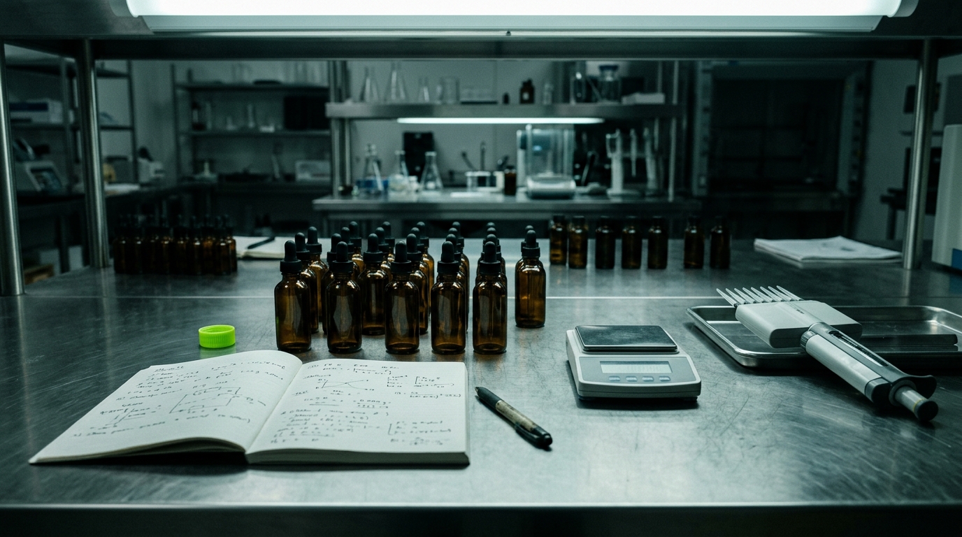 Atmospheric mood image of a stainless lab bench with empty amber dropper bottles, a notebook, an analytical balance, and a multi-channel pipette under cool industrial lighting.