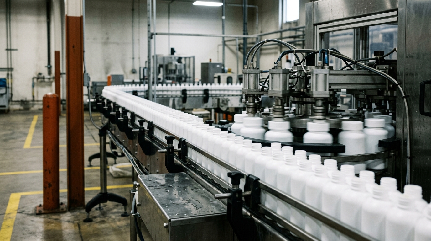 Atmospheric mood image of a private-label bottling line with rows of unmarked white bottles being capped on a stainless conveyor.