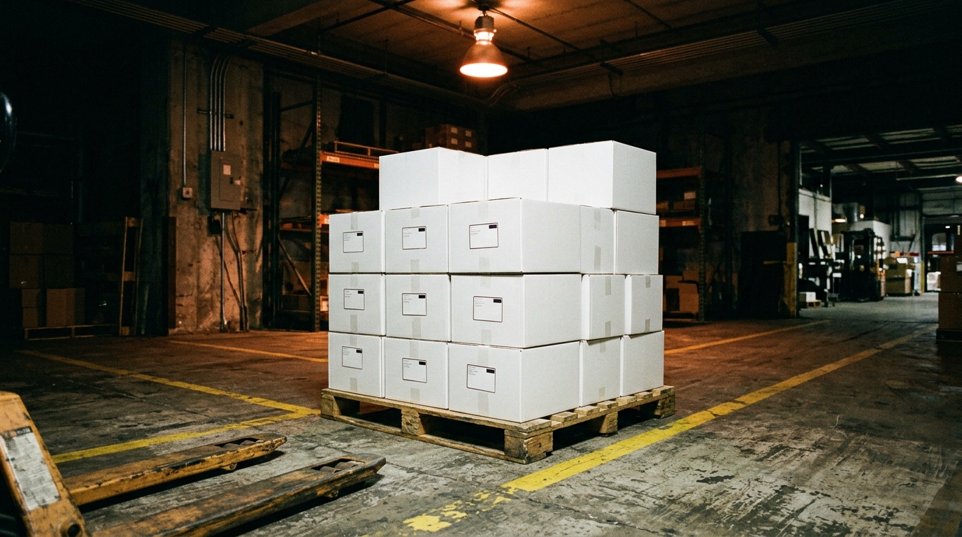 Atmospheric warehouse pallet bay with stacks of plain unbranded white shipping cartons under a single overhead pendant light.