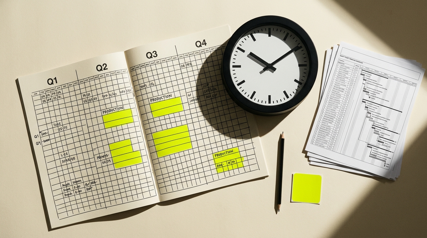 Open production calendar with Q1-Q4 grid, hand-marked production windows in lime, mechanical clock and gantt chart pages alongside — visual reference for stacking lead-time phases.