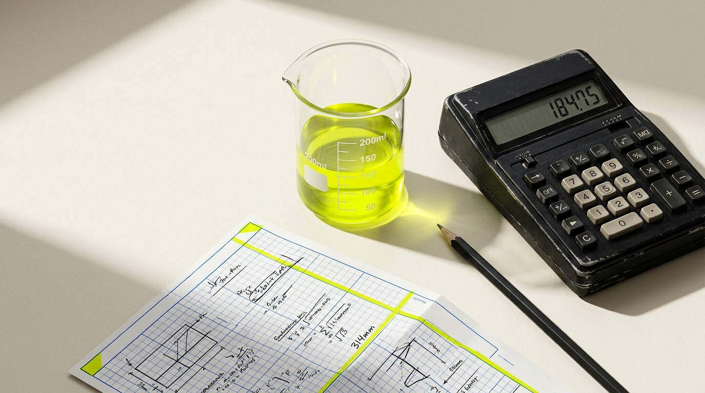 Lab beaker with measurement gradations beside an industrial calculator and a marked-up engineering worksheet — visual metaphor for running breakeven math before a private-label commitment.