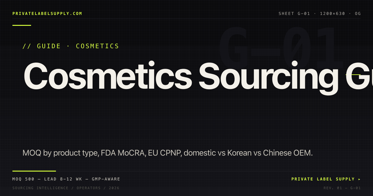 Cosmetics private label sourcing guide — bone background with lab-brutalist layout