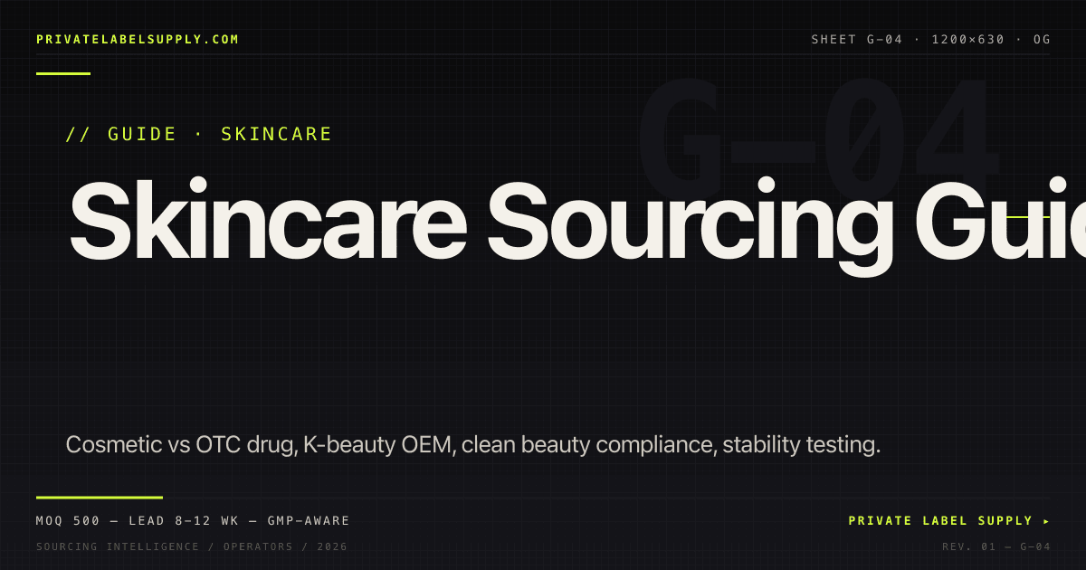 Skincare private label sourcing guide — serum dropper bottles on bone concrete